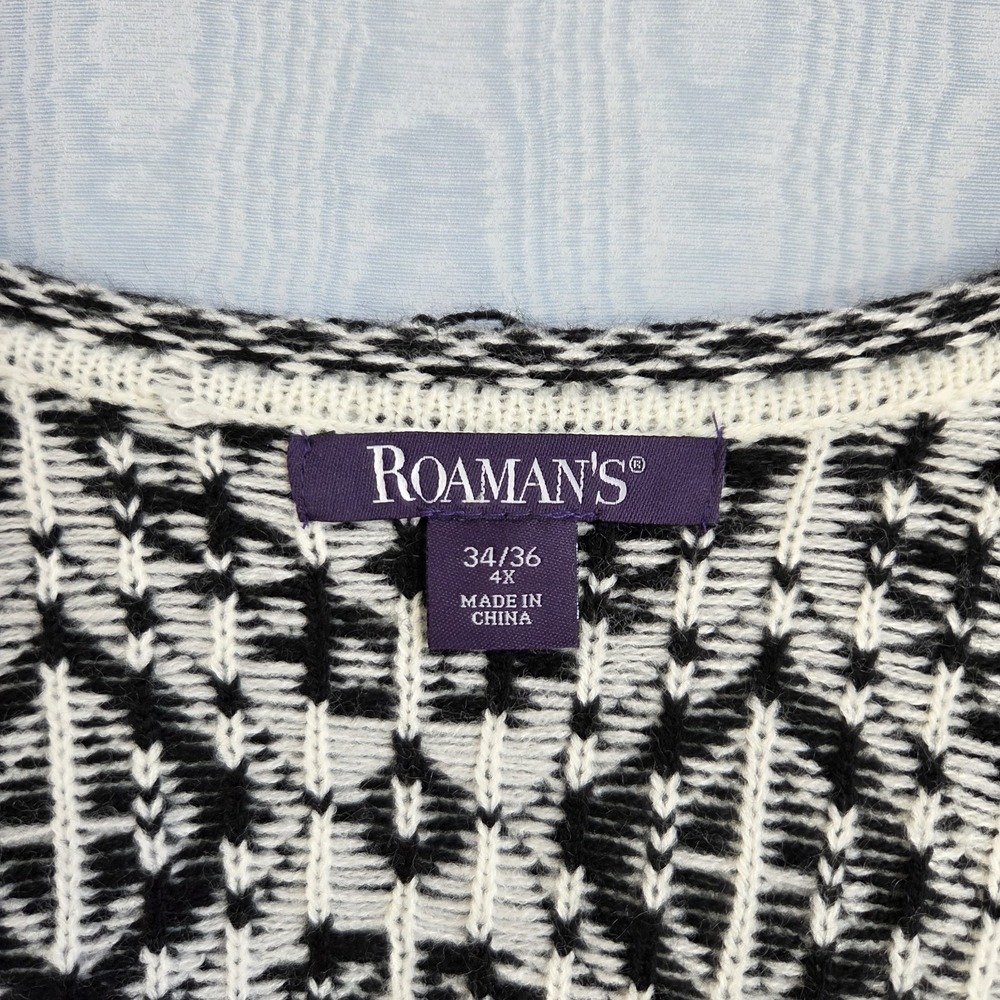 Roamans Womens 34/36 Sweater Fair Isle Chunky VNeck Black White Winter Apres Ski - Picture 4 of 7